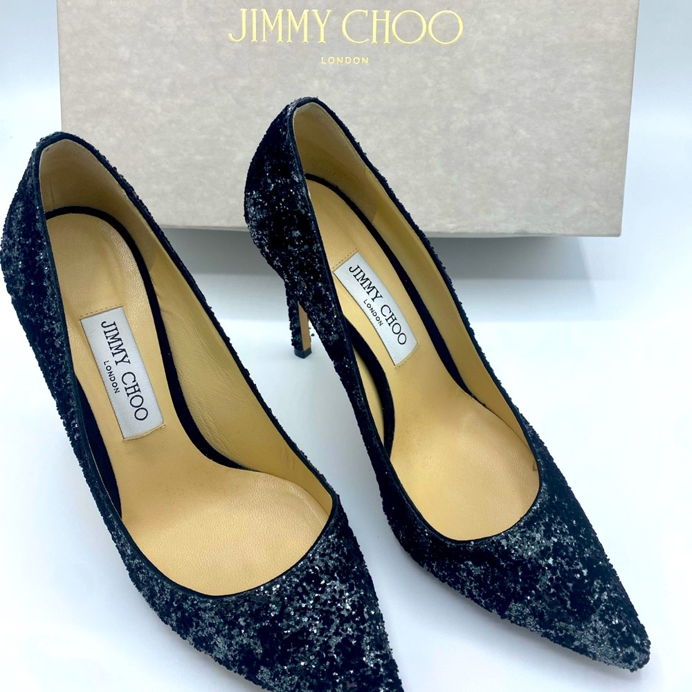 Jimmy Choo Anthracite/Black Velvet Glitter Devore Heels, Size 39